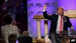Republican presidential candidate Donald Trump speaks during a service at Great Faith Ministries International in Detroit, Sept. 3, 2016.