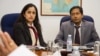 A visiting team leader of International Monetary Fund (IMF) to Cambodia, Ms. Sonali Jain-Chandra (left) and an outgoing IMF resident representative in Cambodia, Faisal Ahmed, give a media briefing for a 12-day visit of IMF team and Cambodian macroeconomic development at IMF office in Phnom Penh on Friday, July 2, 2015. (Neou Vannarin/VOA Khmer)