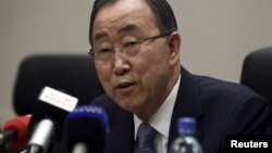 United Nations Secretary General Ban Ki-moon addresses a news conference during the 26th Ordinary Session of the Assembly of the African Union (AU) at the AU headquarters in Addis Ababa, Jan. 31, 2016.
