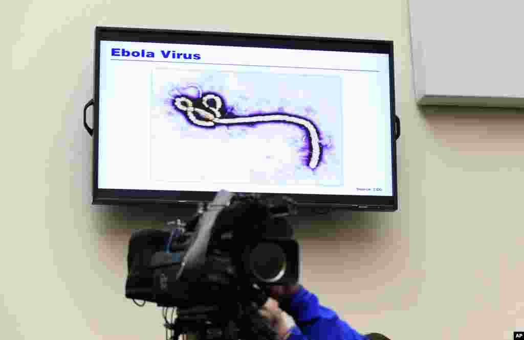A photo of the Ebola virus is displayed on a television monitor during the hearing on Capitol Hill in Washington, Sept. 17, 2014.