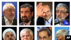 A combination of eight pictures shows the eight candidates approved for Iran's June 14 presidential election. (Clockwise from L) Mohammad Gharazi, Mohsen Rezaei, Mohammad Bagher Qalibaf, Gholam Ali Haddad Adel, Hasan Rowhani, Mohammad Reza Aref, Ali Akbar