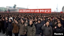 지난 2013년 2월 북한의 3차 핵실험 직후 평양에서 핵실험 성공을 자축하는 대규모 군중대회가 열렸다. (자료사진)