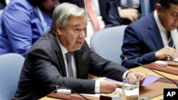 United Nations Secretary General Antonio Guterres addresses the United Nations Security Council, Aug. 29, 2018, at the U.N. headquarters in New York.