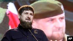 FILE - Chechen regional leader Ramzan Kadyrov speaks as he attends celebrations marking Defenders of the Fatherland Day in Chechnya's provincial capital Grozny, Russia, Feb. 20, 2016.