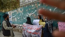 Seorang anggota Taliban berbicara dengan pengunjuk rasa perempuan ketika yang lain mencoba menghalangi pandangan kamera dengan tangannya, selama demonstrasi yang diadakan di luar sebuah sekolah di Kabul, Afghanistan, 30 September 2021. (Foto: AFP)