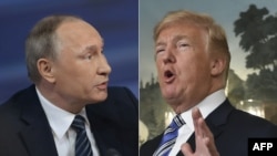 FILE - This combination of pictures shows Russian President Vladimir Putin, left, during his annual press conference in Moscow, Dec. 17, 2015, and U.S. President Donald Trump during a press conference at the White House, March 23, 2018. 