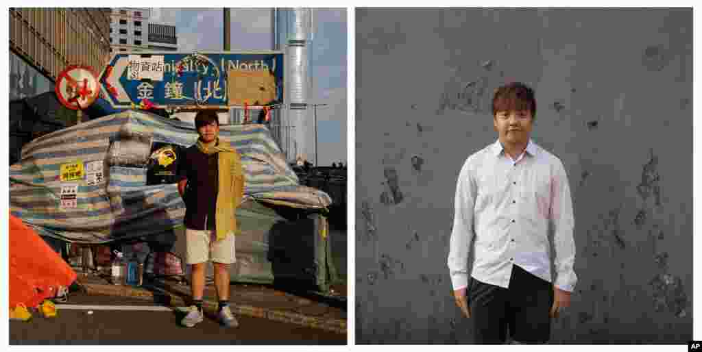 This combination of photos, Kelvin Lee, then a student studying aviation management, (l) posing for a portrait in front of a makeshift tent on a main road in an occupied area near government headquarters in Hong Kong on Oct. 10, 2014, Lee, now a graduated student, (r) posing for a portrait near a subway station almost one year later on Sept. 25, 2015.