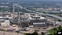 This aerial photo shows the Flint Hills Resources oil refinery near downtown Houston, Aug. 29, 2017. Hurricane Harvey has paralyzed at least 4.4 million barrels per day of refining capacity.