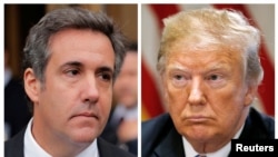 A combination photo shows President Donald Trump's onetime personal attorney, Michael Cohen, outside federal court in New York City, April 16, 2018, and Trump in the White House, July 18, 2018. 