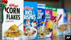 FILE - This Feb. 1, 2012, file photo, shows Kellogg's cereal products, in Orlando, Fla.