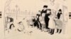 All the illustrations in 1959's Eloise in Moscow include a mysterious spy wearing round glasses, a trench coat and a brimmed hat. (Collection of Hilary Knight)