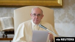 Pope Francis delivers his weekly general audience from the library in the Apostolic Palace at the Vatican, Nov. 11, 2020. (Vatican Media/Handout)