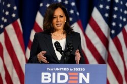 FILE - Democratic vice presidential candidate Sen. Kamala Harris, D-Calif., speaks in Washington, Aug. 27, 2020.