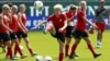 Megan Rapinoe kicks a ball during the U.S. women's national team's practice in Portland, Oregon (September 2011) 