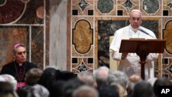 Pope Francis speaks during an audience with diplomats accredited to the Holy See for the traditional exchange of New Year greetings, at the Vatican, Jan. 9, 2017.
