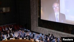 El director del Organismo Internacional de Energía Atómica, Rafael Mariano Grossi, se dirige al Consejo de Seguridad de Naciones Unidas en una videoconferencia sobre las amenazas a la paz y seguridad internacional, el jueves 11 de agosto de 2022, en las Naciones Unidas. 