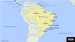 Peta kota-kota Brazil: Sao Paulo, Rio de Janeiro, Salvador, Fortaleza, Belo Horizonte, Brasilia, Curitiba, Manaus, Recife, dan Belem.