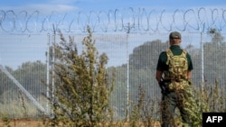 Stražar stoji pored granične ograde sa bodljikavom žicom na granici Letonije sa Rusijom, 16. avgust, 2024. (Foto: AFP/Gints Ivuskans)
