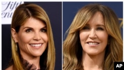 This combination photo shows actress Lori Loughlin at the Women's Cancer Research Fund's An Unforgettable Evening event in Beverly Hills, Calif., on Feb. 27, 2018, left, and actress Felicity Huffman at the 70th Primetime Emmy Awards in Los Angeles on Sep