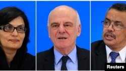 Kandidat direktur WHO, dari kiri: Sania Nishtar (pakistan), David Nabarro (Inggris) danTedros Adhanom Ghebreyesus (Ethiopia).