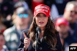 South Dakota Governor Kristi Noem speaks before former U.S. President and Republican presidential candidate Donald Trump takes the stage during a Buckeye Values PAC Rally in Vandalia, Ohio, on March 16, 2024.