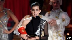 Emma Watson accepts the award for best actor in a movie for "Beauty and the Beast" at the MTV Movie and TV Awards at the Shrine Auditorium in Los Angeles, May 7, 2017.