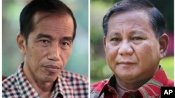 លោក ចូកូ វីដូដូ (Joko Widodo) ជា​អតីត​អភិបាល​ក្រុង​ចាកាតា​ (ឆ្វេង) និង​គូប្រជែង​​ឧត្តមសេនីយ៍​យោធា ប្រាបូវូ ស៊ូប៊ៀនតូ (Prabowo Subianto)។