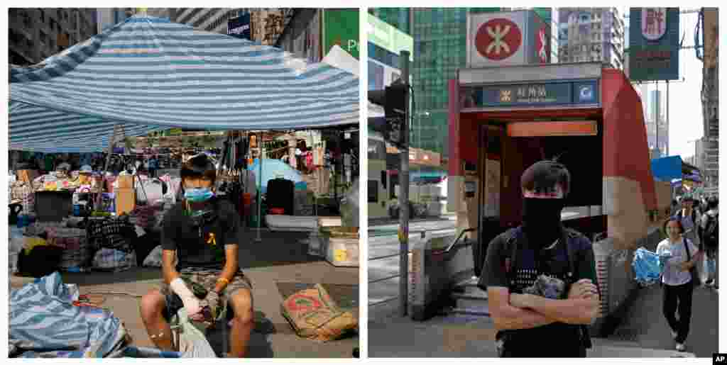 This combination image shows Mo, 22, an accountant, (l) in front of a makeshift tent on a main road in an occupied area in Hong Kong's Causeway Bay district on Oct. 14, 2014, (r) Sept. 25, 2015.