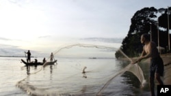 អ្នក​នេសាទ​ម្នាក់​បង់សំណាញ់​តាម​ដងទន្លេសាប​នៅ​រាជធានី​ភ្នំពេញ ប្រទេស​កម្ពុជា ថ្ងៃទី១៥ សីហា ២០១១។