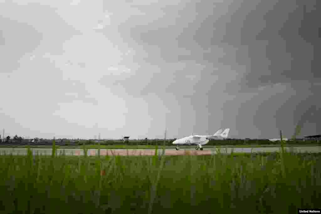 A MONUSCO (United Nations Organization Stabilization Mission) drone on an airport runway during an official launch ceremony, Dec. 3, 2013.