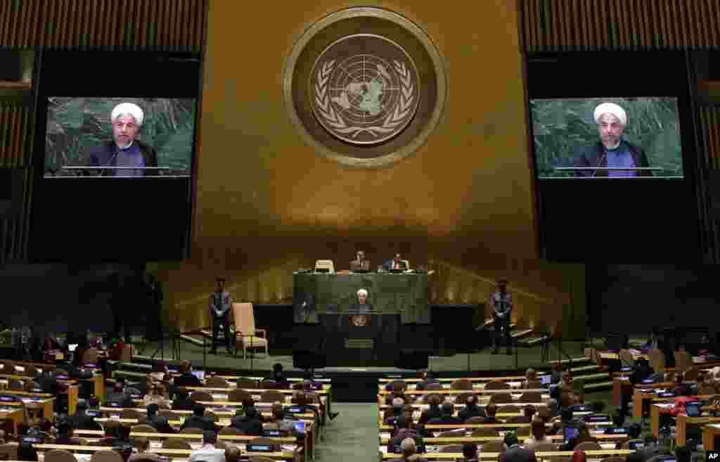 Iranian President Hassan Rouhani addresses the 69th session of the United Nations General Assembly, at U.N. headquarters, New York, Sept. 25, 2014.