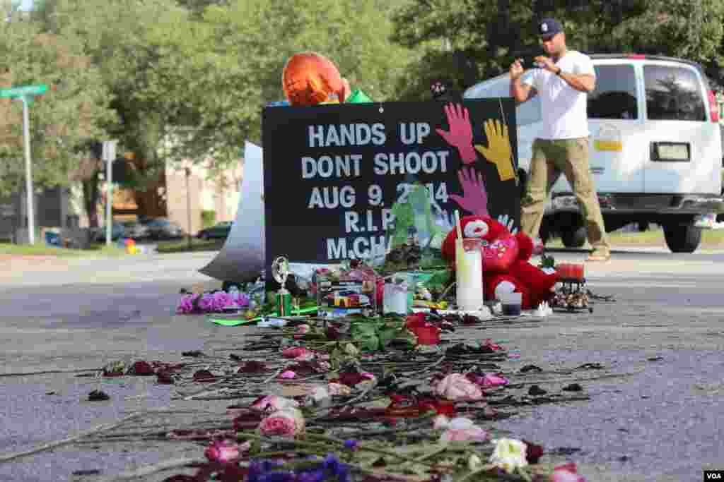 A tribute of flowers and signs are seen at the site that teenager Michael Brown was shot and killed by a police officer, Ferguson, Missouri, Aug. 24, 2014. (Gesell Tobias, VOA)