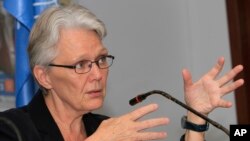 FILE - Margareta Wahlstrom, special representative of the U.N. secretary-general for disaster risk reduction, speaks to reporters in Phnom Penh, Cambodia, April 25, 2012.