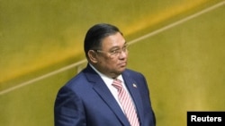 FILE - Myanmar's Foreign Minister Wunna Maung Lwin arrives to address attendees during the 70th session of the United Nations General Assembly at the U.N. Headquarters in New York, Oct, 2, 2015. 