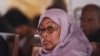 Rais wa Tanzania Samia Suluhu Hassan alipohudhuria mazishi ya aliyekuwa rais wa nchi hiyi hayati John Magufuli katika uwanja wa michezo wa Chato, Tanzania, March 26, 2021.