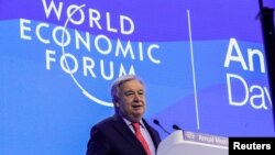 El secretario general de Naciones Unidas, Antonio Guterres, habla en el Foro Económico Mundial de Davos, Suiza, el 18 de enero de 2023..