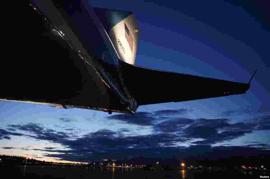 The tail section of Air Force One is pictured on the tarmac at Elmendorf Air Force Base outside Anchorage, Alaska, as President Barack Obama stayed onboard during a refuel stop on his return to the United States from Asia, April 29, 2014. 