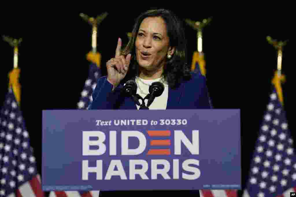 លោកស្រី Kamala Harris សមាជិកព្រឹទ្ធសភានិងជាបេក្ខជនអនុប្រធានាធីបតីគណបក្សប្រជាធិបតេយ្យថ្លែងនៅក្នុងព្រឹត្តិការណ៍យុទ្ធនាការឃោសនាមួយក្នុងរដ្ឋ Delaware កាលពីថ្ងៃទី១២ ខែសីហា ឆ្នាំ២០២០។