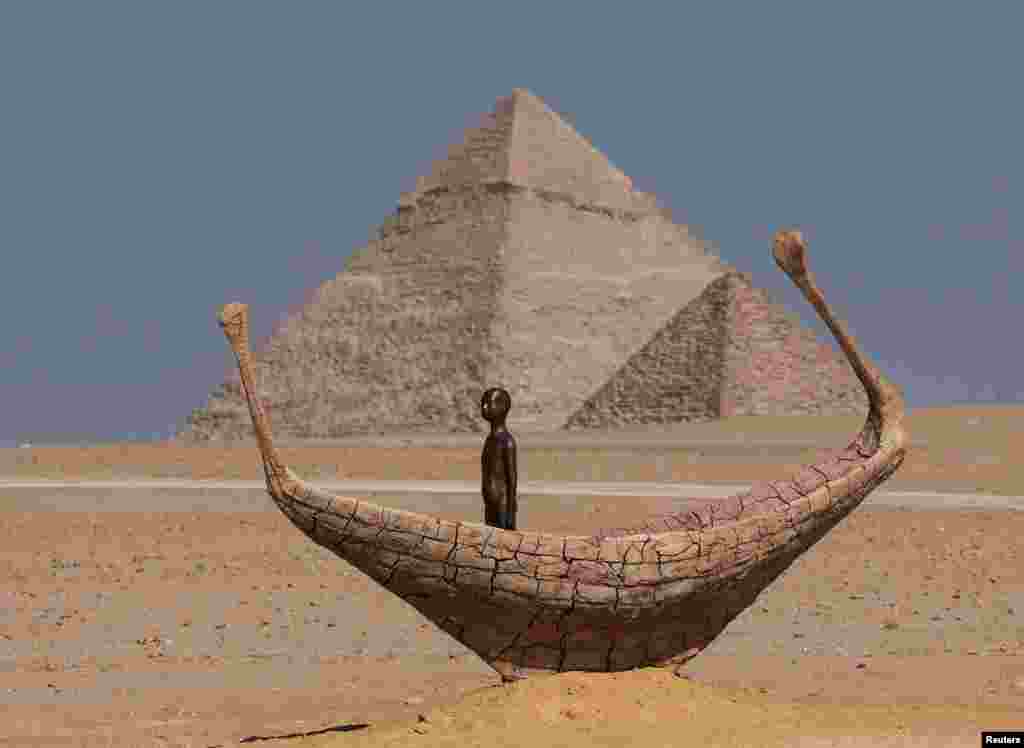 An art installation by visual artist Jean Marie Appriou titled "Vessel of Time" during the fourth edition of "Forever is Now", an international art exhibition in Giza Pyramids, on the outskirts of Cairo, Egypt.