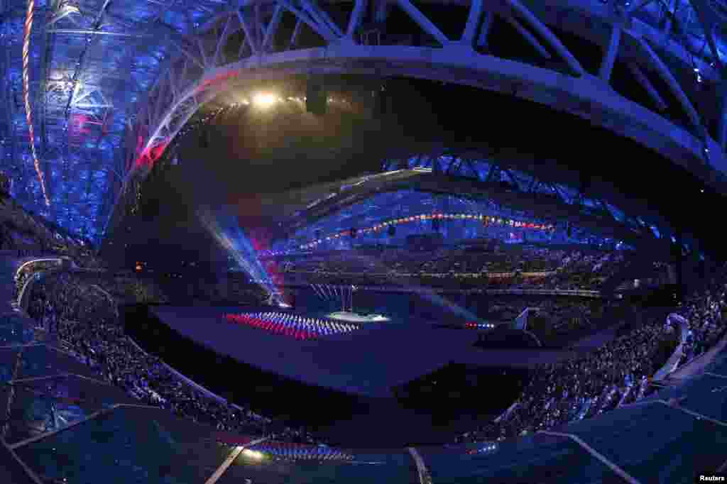 A general view shows a scene from the opening ceremony of the 2014 Sochi Winter Olympics, Feb. 7, 2014.