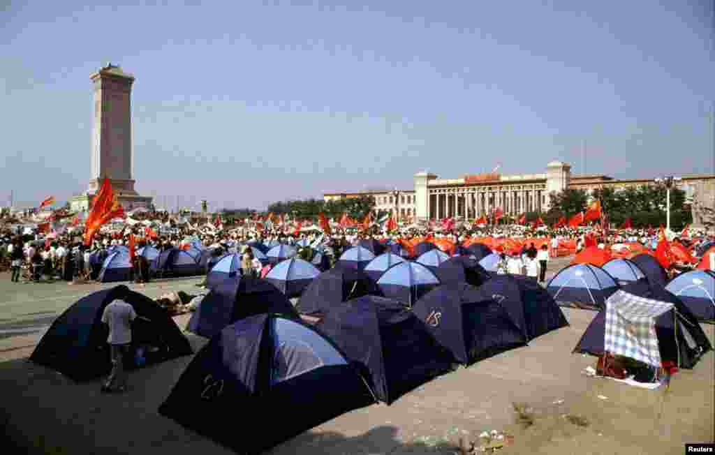 Pro-democracy demonstrators pitch tents in Beijing's Tiananmen Square before their protests were crushed by the People's Liberation Army on June 3, 1989.