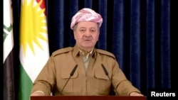 A still image taken from a video shows Kurdish President Masoud Barzani giving a televised speech in Erbil, Iraq, Oct. 29, 2017. 
