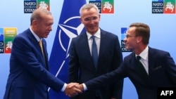 TOPSHOT -Rais wa Uturuki Tayyip Erdogan (Kushoto) na Waziri Mkuu wa Sweden Ulf Kristersson wakipeana mkono mbele ya Katibu Mkuu wa NATO Jens Stoltenberg kabla ya mkutano, katika kilele cha mkutano wa NATO, huko Vilnius, Julai 10, 2023. (Photo by YVES HERM