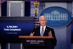 Vice President Mike Pence speaks about the coronavirus in the James Brady Press Briefing Room of the White House, in Washington, April 17, 2020.