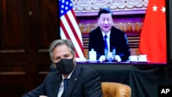 美國國務卿布林肯在白宮參加拜習視頻首腦會談。 （2021年11月15日）