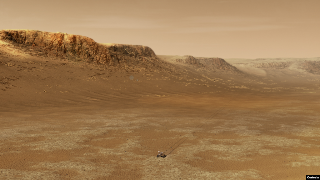 Ilustraci&#243;n del rover explorando el interior del cr&#225;ter Jezero de Marte. El cr&#225;ter de 45 kil&#243;metros de ancho se encuentra en el borde occidental de una llanura plana llamada Isidis Planitia. [Foto NASA/JPL-Caltech]