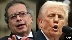Esta combinación de imágenes creada el 26 de enero de 2025 muestra al presidente colombiano Gustavo Petro en Bogotá el 9 de julio de 2024 y al presidente estadounidense Donald Trump en Washington, DC, el 20 de enero de 2025.