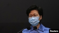 La líder ejecutiva de Hong Kong, Carrie Lam, durante una conferencia de prensa el 26 de mayo de 2020.