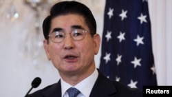 FILE - Kim Yong-hyun speaks at an Oct. 31, 2024, press conference at the U.S. State Department in Washington, while he served as South Korean Defense Minister. He was arrested on Sunday over his alleged role in declaring martial law on Tuesday, Yonhap News Agency said.