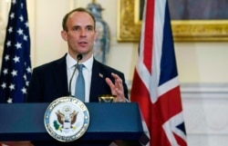 British Foreign Secretary Dominic Raab speaks at a press conference with Secretary of State Mike Pompeo at the State Department, Sept. 16, 2020, in Washington.
